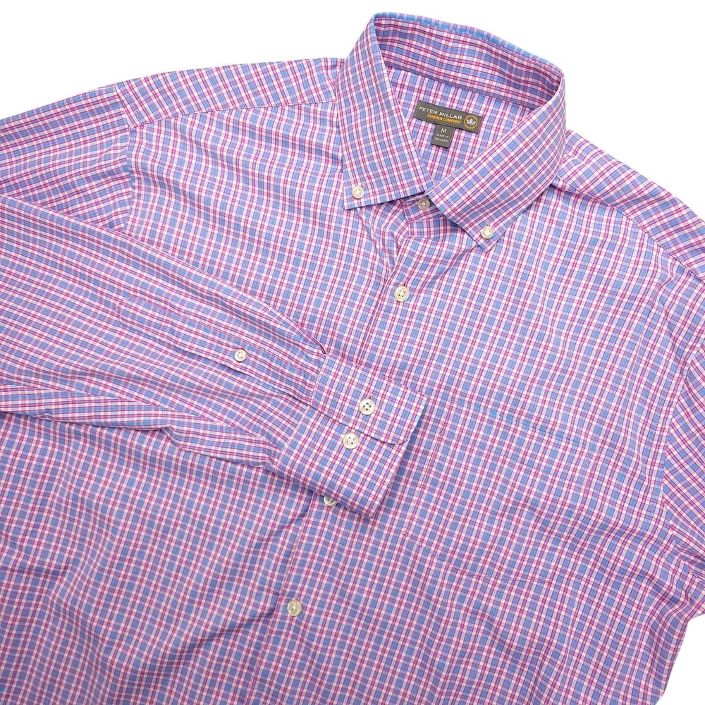 Peter Millar Summer Comfort Shirt Mens M Pink Check Long Sleeve Button Up